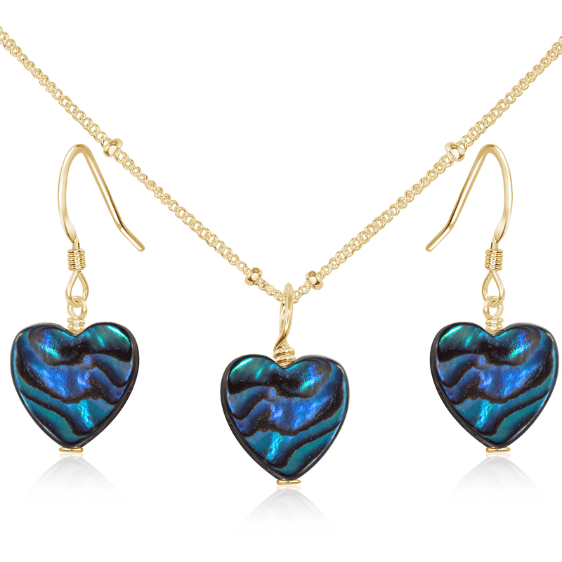 Abalone Shell Heart Jewellery Set - Abalone Shell Heart Jewellery Set - 14k Gold Fill / Satellite / Necklace & Earrings - Luna Tide Handmade Crystal Jewellery
