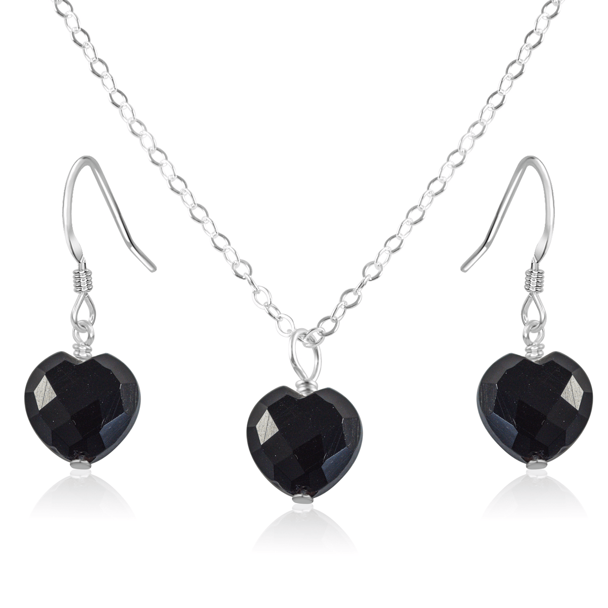 Black Onyx Crystal Heart Jewellery Set - Black Onyx Crystal Heart Jewellery Set - Sterling Silver / Cable / Necklace & Earrings - Luna Tide Handmade Crystal Jewellery