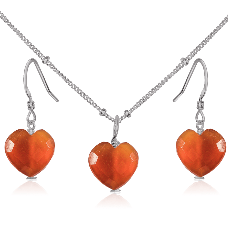 Carnelian Crystal Heart Jewellery Set - Carnelian Crystal Heart Jewellery Set - Stainless Steel / Satellite / Necklace & Earrings - Luna Tide Handmade Crystal Jewellery