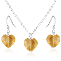 Citrine Crystal Heart Jewellery Set - Citrine Crystal Heart Jewellery Set - Sterling Silver / Cable / Necklace & Earrings - Luna Tide Handmade Crystal Jewellery