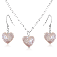 Freshwater Pearl Heart Jewellery Set - Freshwater Pearl Heart Jewellery Set - Sterling Silver / Cable / Necklace & Earrings - Luna Tide Handmade Crystal Jewellery