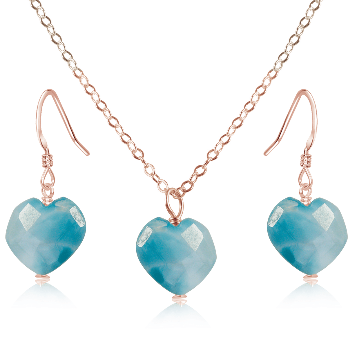 Larimar Crystal Heart Jewellery Set - Larimar Crystal Heart Jewellery Set - 14k Rose Gold Fill / Cable / Necklace & Earrings - Luna Tide Handmade Crystal Jewellery