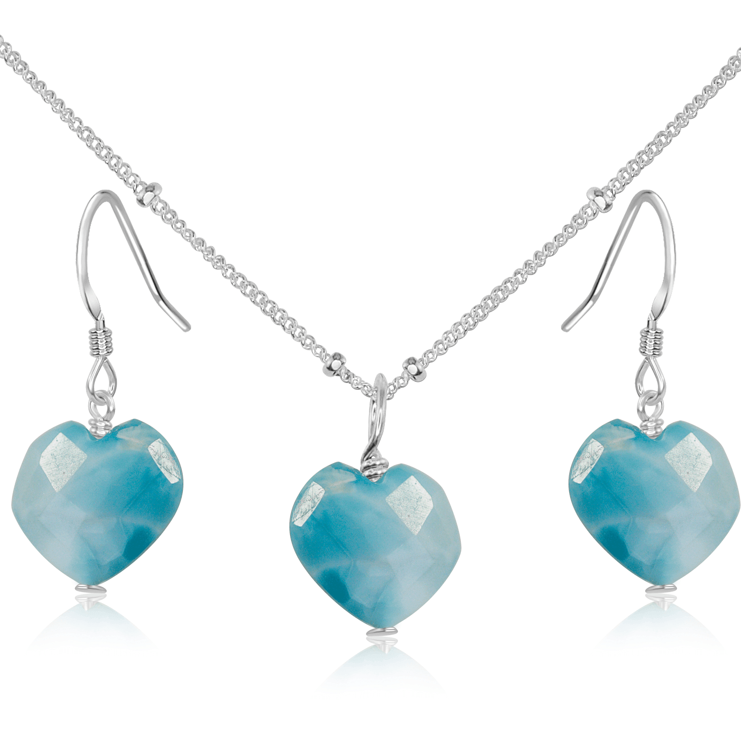 Larimar Crystal Heart Jewellery Set - Larimar Crystal Heart Jewellery Set - Sterling Silver / Satellite / Necklace & Earrings - Luna Tide Handmade Crystal Jewellery