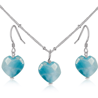 Larimar Crystal Heart Jewellery Set - Larimar Crystal Heart Jewellery Set - Stainless Steel / Satellite / Necklace & Earrings - Luna Tide Handmade Crystal Jewellery