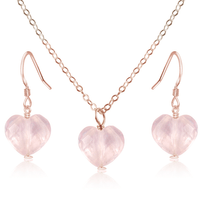 Rose Quartz Crystal Heart Jewellery Set - Rose Quartz Crystal Heart Jewellery Set - 14k Rose Gold Fill / Cable / Necklace & Earrings - Luna Tide Handmade Crystal Jewellery
