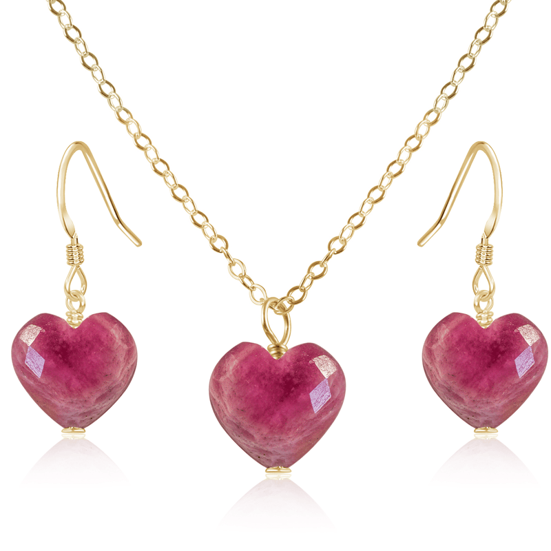 Ruby Crystal Heart Jewellery Set - Ruby Crystal Heart Jewellery Set - 14k Gold Fill / Cable / Necklace & Earrings - Luna Tide Handmade Crystal Jewellery