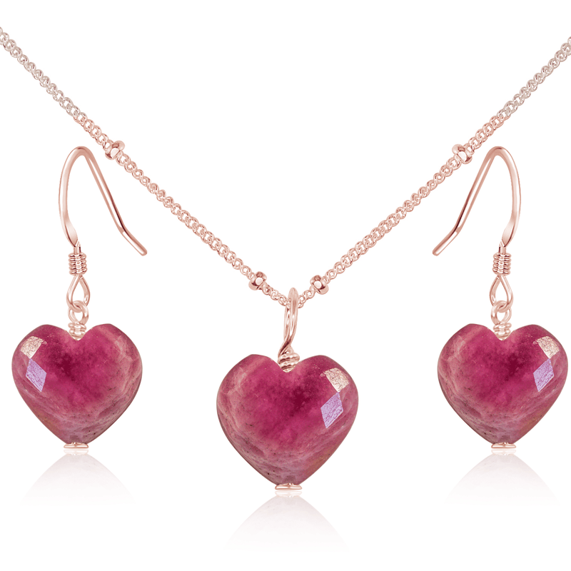 Ruby Crystal Heart Jewellery Set - Ruby Crystal Heart Jewellery Set - 14k Rose Gold Fill / Satellite / Necklace & Earrings - Luna Tide Handmade Crystal Jewellery