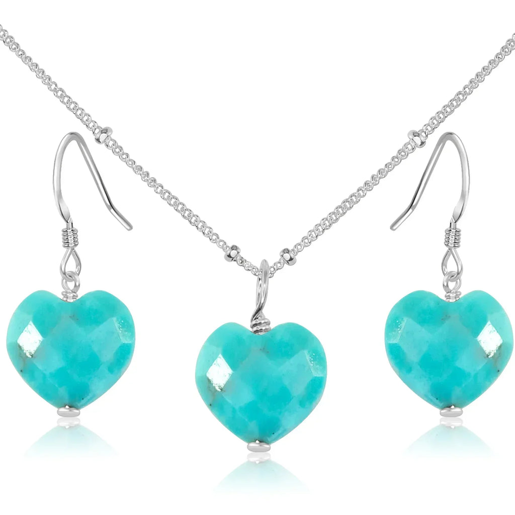 Turquoise Crystal Heart Jewellery Set - Turquoise Crystal Heart Jewellery Set - Sterling Silver / Satellite / Necklace & Earrings - Luna Tide Handmade Crystal Jewellery