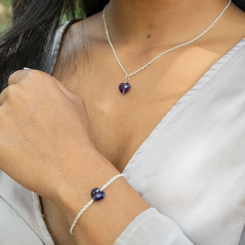 Amethyst Crystal Heart Jewellery Set - Amethyst Crystal Heart Jewellery Set - Sterling Silver / Cable / Necklace & Earrings & Bracelet - Luna Tide Handmade Crystal Jewellery