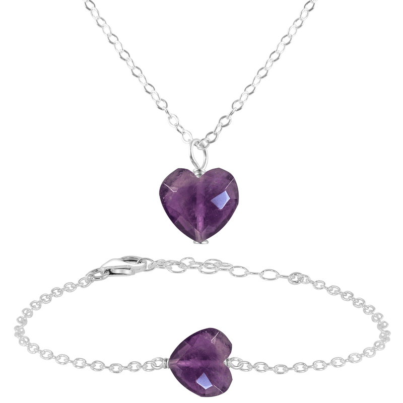 Amethyst Crystal Heart Jewellery Set - Amethyst Crystal Heart Jewellery Set - Sterling Silver / Cable / Necklace & Bracelet - Luna Tide Handmade Crystal Jewellery
