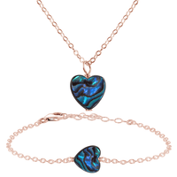 Abalone Shell Heart Jewellery Set - Abalone Shell Heart Jewellery Set - 14k Rose Gold Fill / Cable / Necklace & Bracelet - Luna Tide Handmade Crystal Jewellery