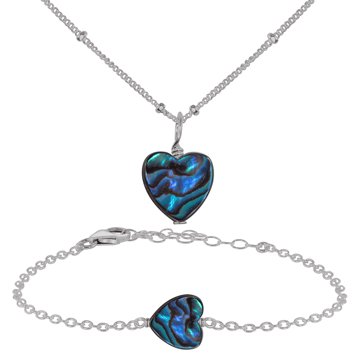 Abalone Shell Heart Jewellery Set - Abalone Shell Heart Jewellery Set - Stainless Steel / Satellite / Necklace & Bracelet - Luna Tide Handmade Crystal Jewellery