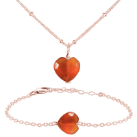 Carnelian Crystal Heart Jewellery Set - Carnelian Crystal Heart Jewellery Set - 14k Rose Gold Fill / Satellite / Necklace & Bracelet - Luna Tide Handmade Crystal Jewellery