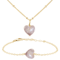 Freshwater Pearl Heart Jewellery Set - Freshwater Pearl Heart Jewellery Set - 14k Gold Fill / Satellite / Necklace & Bracelet - Luna Tide Handmade Crystal Jewellery