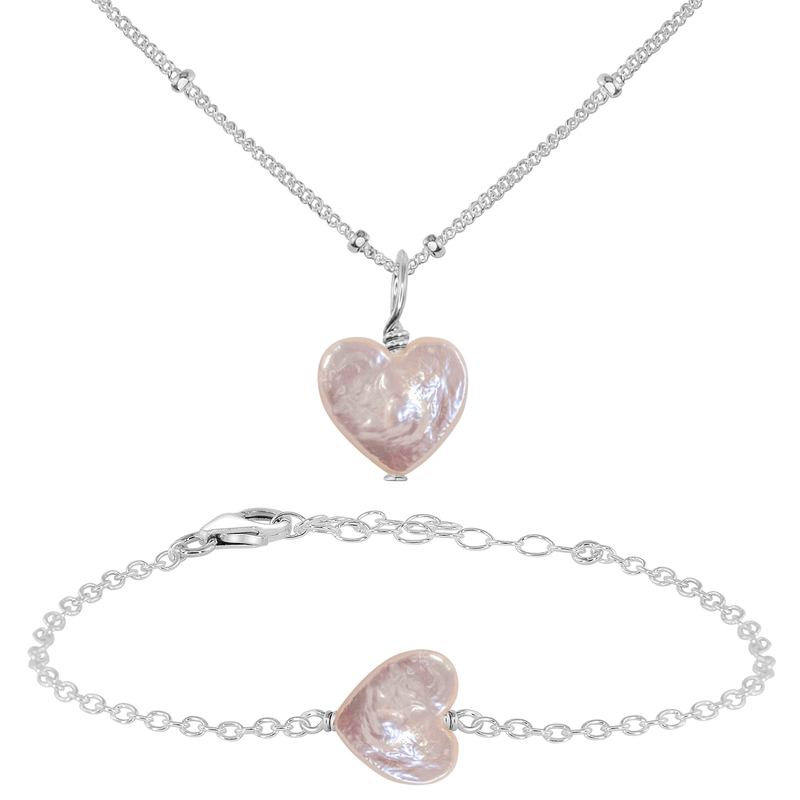 Freshwater Pearl Heart Jewellery Set - Freshwater Pearl Heart Jewellery Set - Sterling Silver / Satellite / Necklace & Bracelet - Luna Tide Handmade Crystal Jewellery