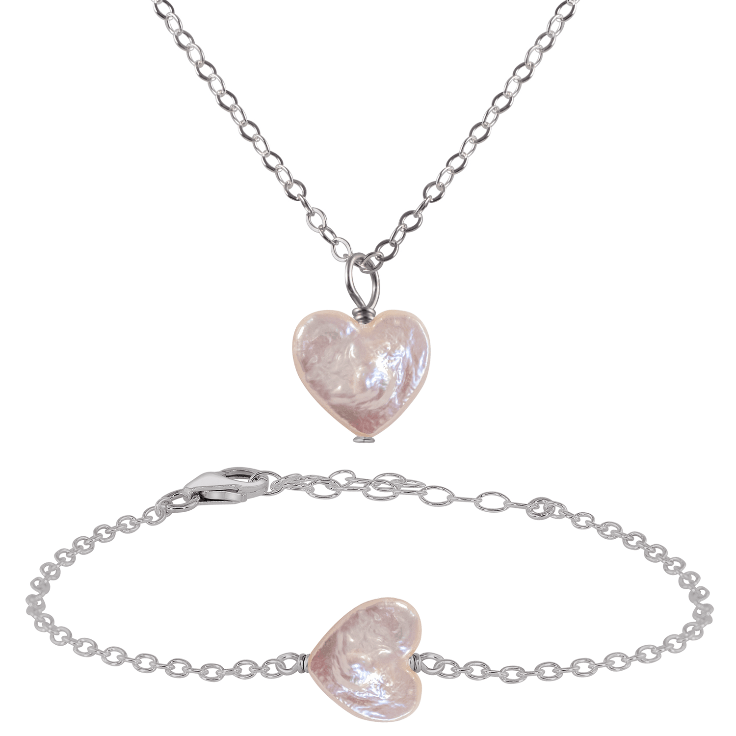 Freshwater Pearl Heart Jewellery Set - Freshwater Pearl Heart Jewellery Set - Stainless Steel / Cable / Necklace & Bracelet - Luna Tide Handmade Crystal Jewellery
