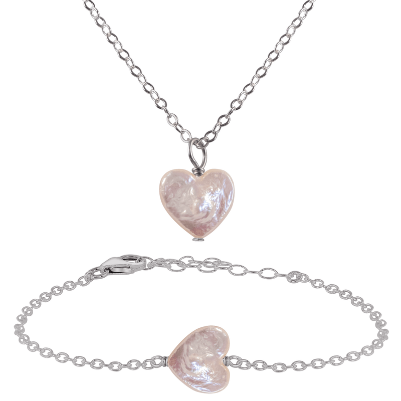 Freshwater Pearl Heart Jewellery Set - Freshwater Pearl Heart Jewellery Set - Stainless Steel / Cable / Necklace & Bracelet - Luna Tide Handmade Crystal Jewellery