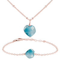 Larimar Crystal Heart Jewellery Set - Larimar Crystal Heart Jewellery Set - 14k Rose Gold Fill / Satellite / Necklace & Bracelet - Luna Tide Handmade Crystal Jewellery