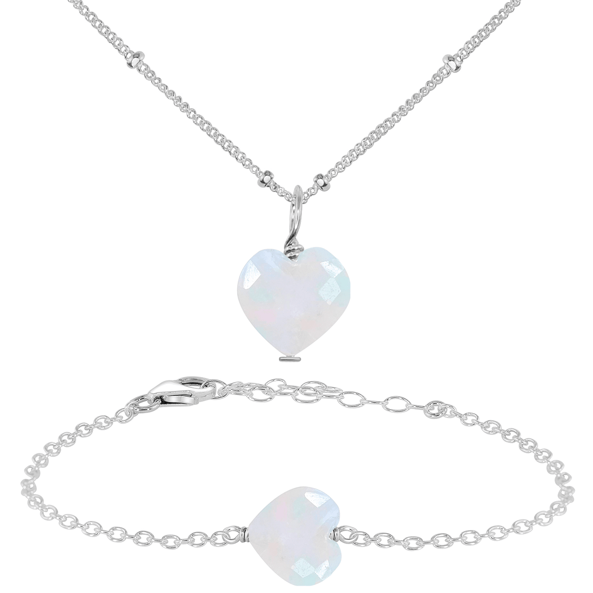 Rainbow Moonstone Crystal Heart Jewellery Set - Rainbow Moonstone Crystal Heart Jewellery Set - Sterling Silver / Satellite / Necklace & Bracelet - Luna Tide Handmade Crystal Jewellery