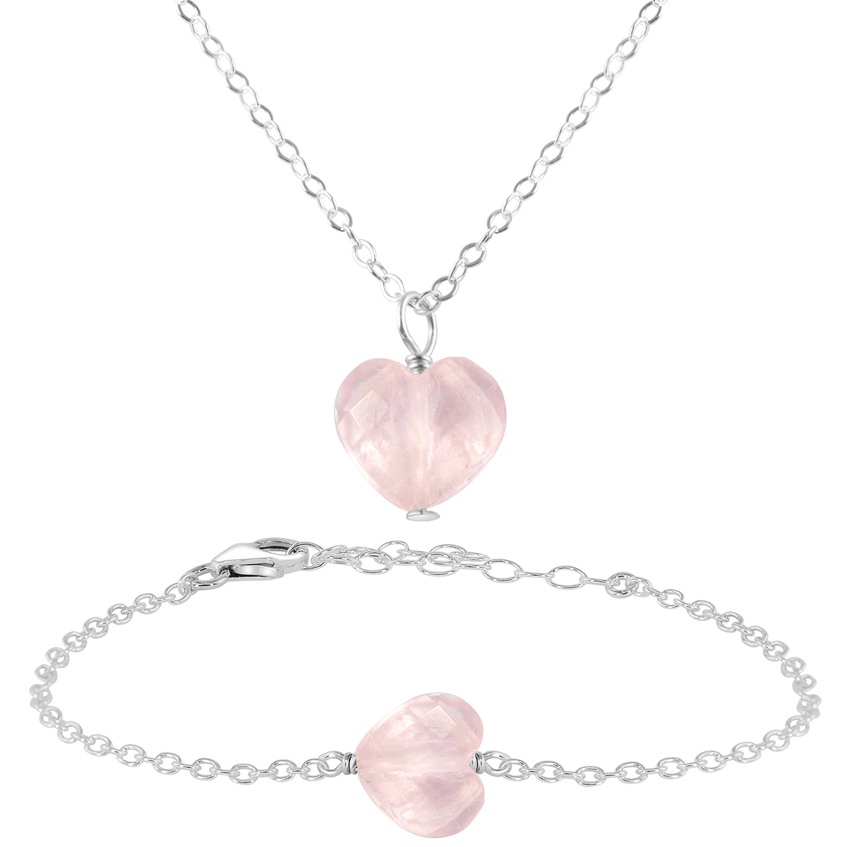 Rose Quartz Crystal Heart Jewellery Set - Rose Quartz Crystal Heart Jewellery Set - Sterling Silver / Cable / Necklace & Bracelet - Luna Tide Handmade Crystal Jewellery