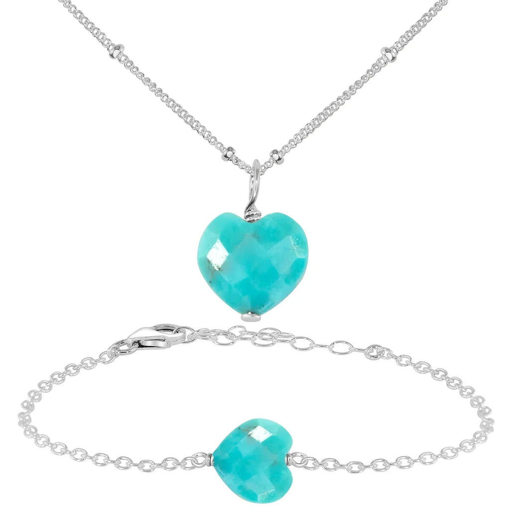 Turquoise Crystal Heart Jewellery Set - Turquoise Crystal Heart Jewellery Set - Sterling Silver / Satellite / Necklace & Bracelet - Luna Tide Handmade Crystal Jewellery