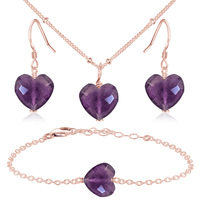 Amethyst Crystal Heart Jewellery Set - Amethyst Crystal Heart Jewellery Set - 14k Rose Gold Fill / Satellite / Necklace & Earrings & Bracelet - Luna Tide Handmade Crystal Jewellery