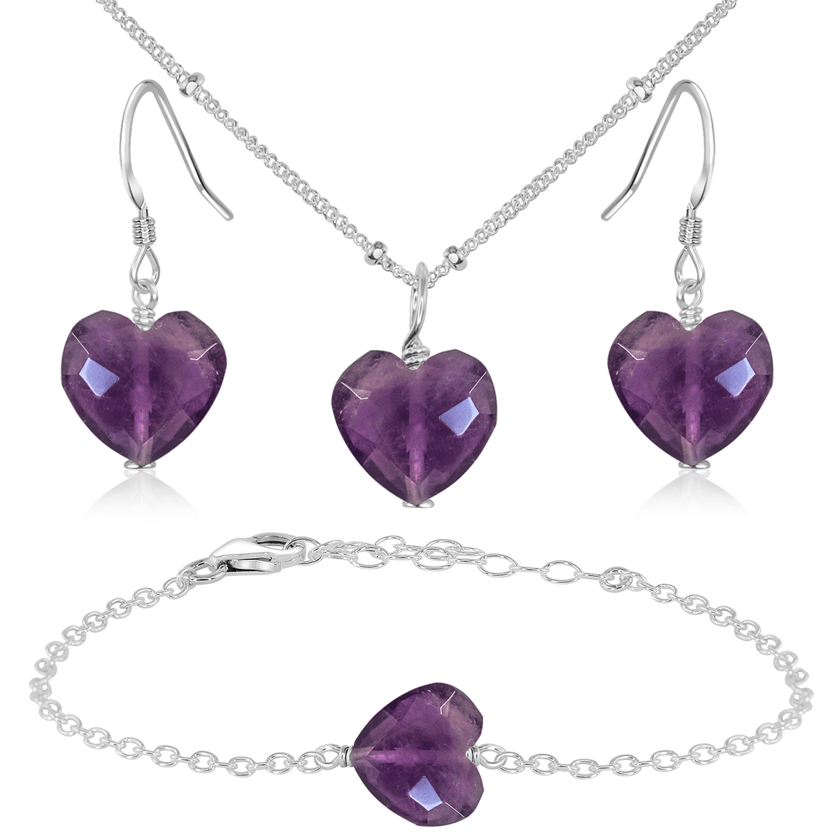 Amethyst Crystal Heart Jewellery Set - Amethyst Crystal Heart Jewellery Set - Sterling Silver / Satellite / Necklace & Earrings & Bracelet - Luna Tide Handmade Crystal Jewellery