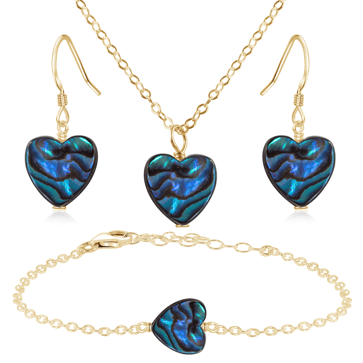 Abalone Shell Heart Jewellery Set - Abalone Shell Heart Jewellery Set - 14k Gold Fill / Cable / Necklace & Earrings & Bracelet - Luna Tide Handmade Crystal Jewellery