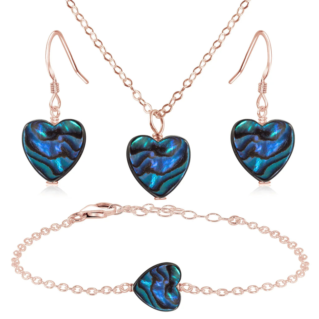 Abalone Shell Heart Jewellery Set - Abalone Shell Heart Jewellery Set - 14k Rose Gold Fill / Cable / Necklace & Earrings & Bracelet - Luna Tide Handmade Crystal Jewellery