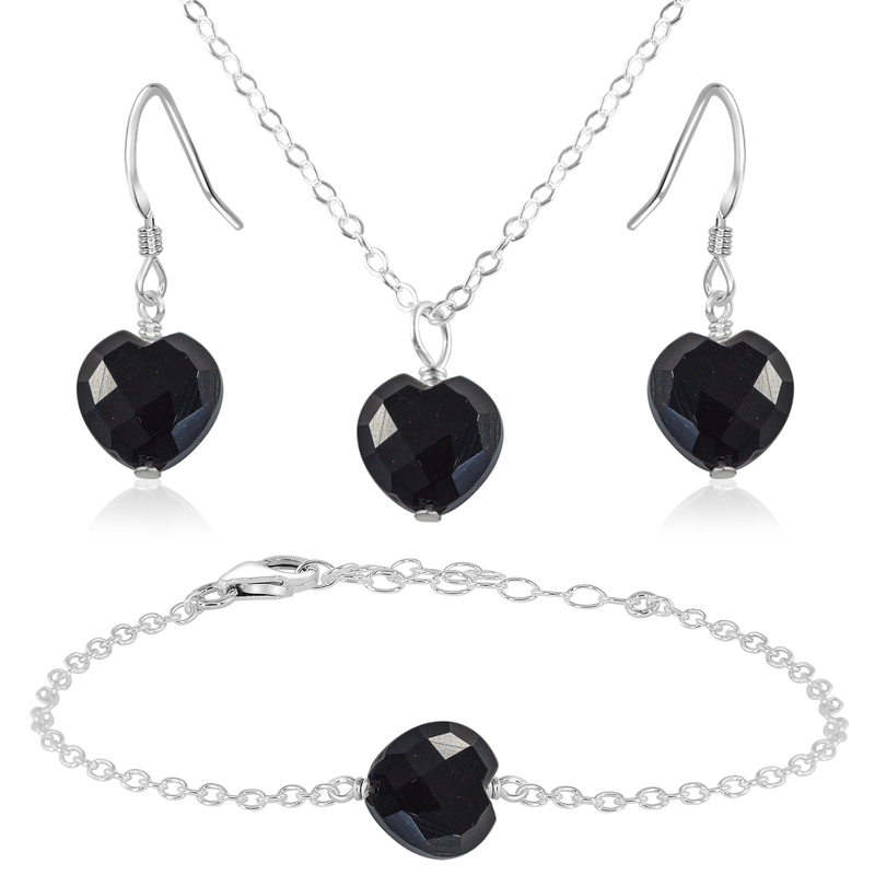 Black Onyx Crystal Heart Jewellery Set - Black Onyx Crystal Heart Jewellery Set - Sterling Silver / Cable / Necklace & Earrings & Bracelet - Luna Tide Handmade Crystal Jewellery