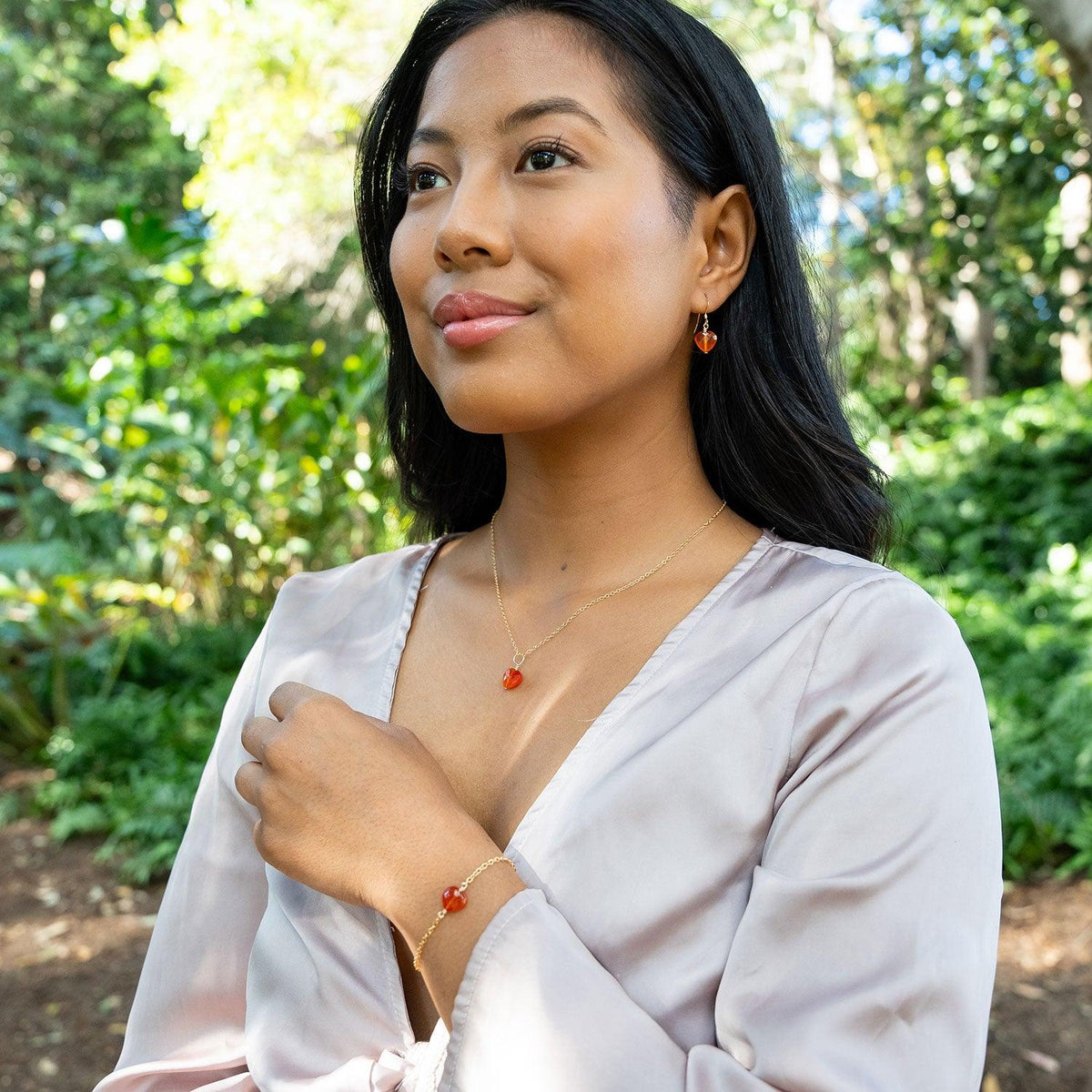 Carnelian Crystal Heart Jewellery Set - Carnelian Crystal Heart Jewellery Set - 14k Gold Fill / Cable / Necklace & Earrings & Bracelet - Luna Tide Handmade Crystal Jewellery