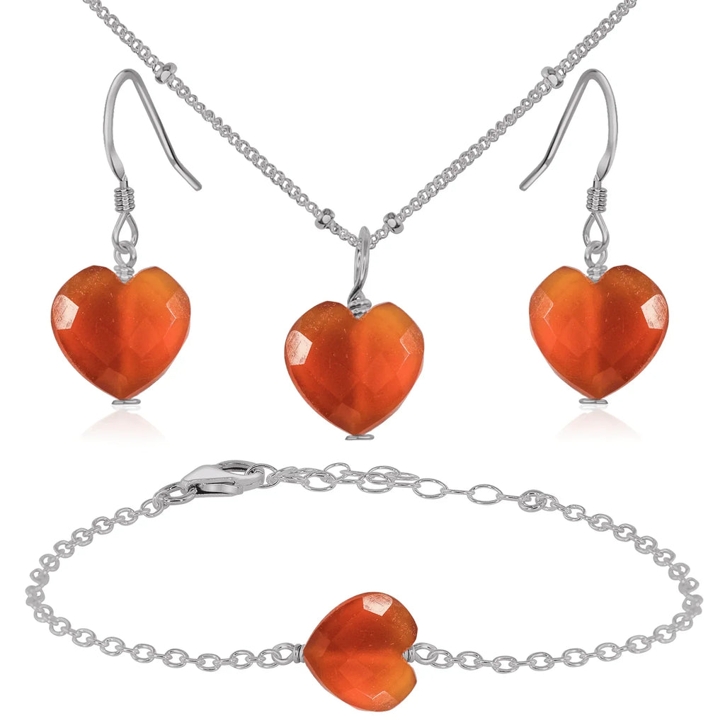 Carnelian Crystal Heart Jewellery Set - Carnelian Crystal Heart Jewellery Set - Stainless Steel / Satellite / Necklace & Earrings & Bracelet - Luna Tide Handmade Crystal Jewellery