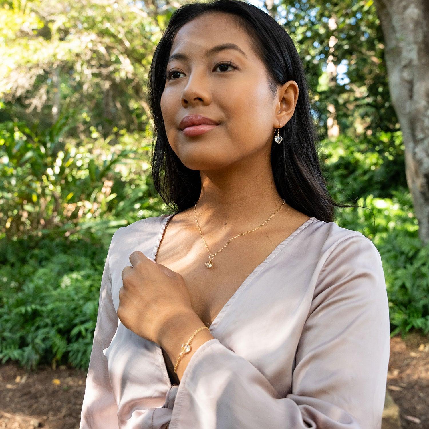 Citrine Crystal Heart Jewellery Set - Citrine Crystal Heart Jewellery Set - 14k Gold Fill / Cable / Necklace & Earrings & Bracelet - Luna Tide Handmade Crystal Jewellery