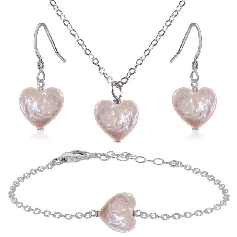 Freshwater Pearl Heart Jewellery Set - Freshwater Pearl Heart Jewellery Set - Stainless Steel / Cable / Necklace & Earrings & Bracelet - Luna Tide Handmade Crystal Jewellery