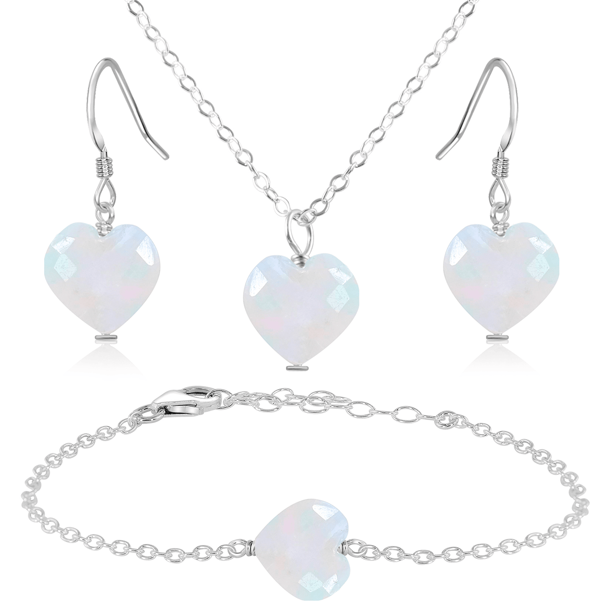 Rainbow Moonstone Crystal Heart Jewellery Set - Rainbow Moonstone Crystal Heart Jewellery Set - Sterling Silver / Cable / Necklace & Earrings & Bracelet - Luna Tide Handmade Crystal Jewellery