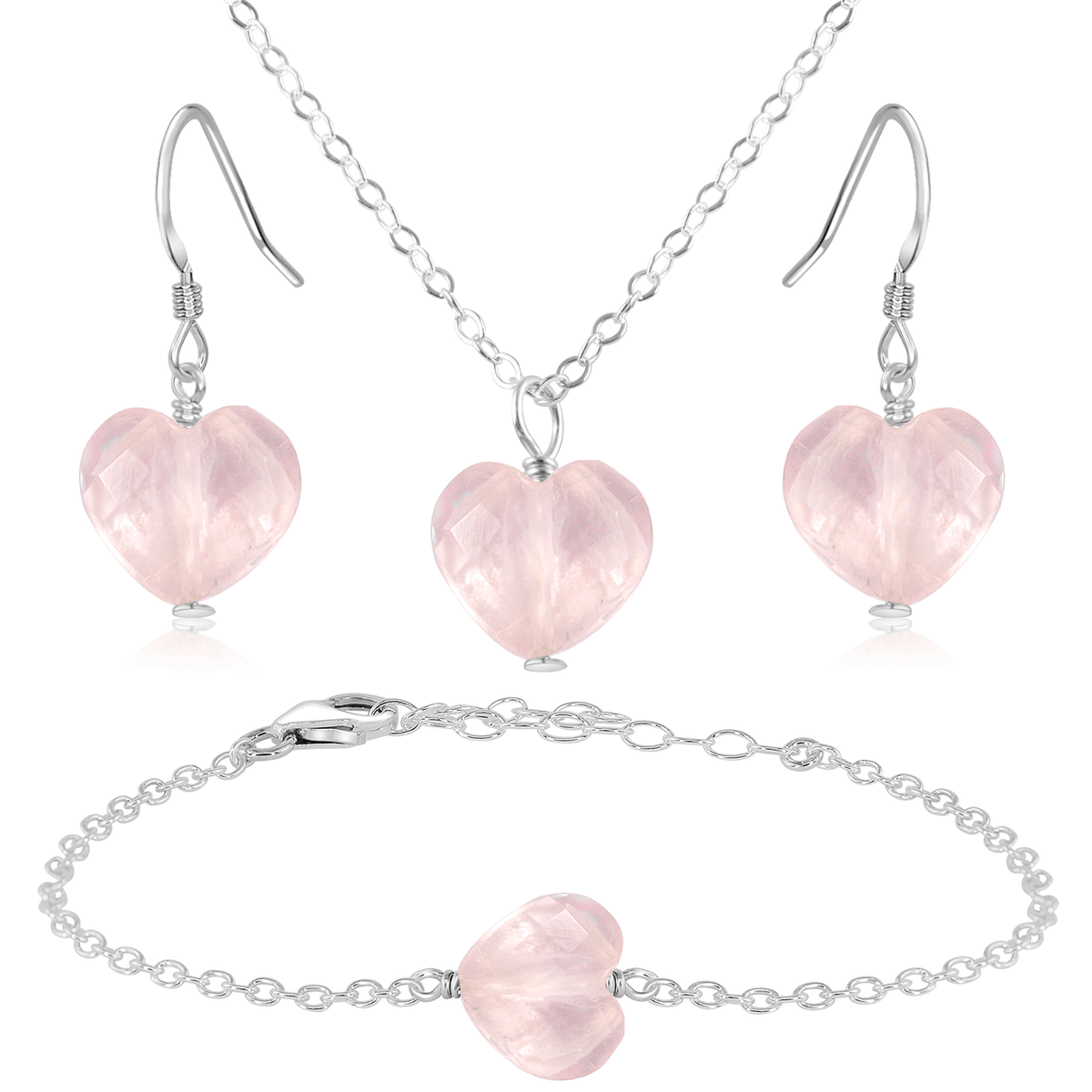 Rose Quartz Crystal Heart Jewellery Set - Rose Quartz Crystal Heart Jewellery Set - Sterling Silver / Cable / Necklace & Earrings & Bracelet - Luna Tide Handmade Crystal Jewellery