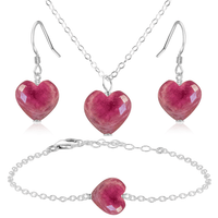Ruby Crystal Heart Jewellery Set - Ruby Crystal Heart Jewellery Set - Sterling Silver / Cable / Necklace & Earrings & Bracelet - Luna Tide Handmade Crystal Jewellery