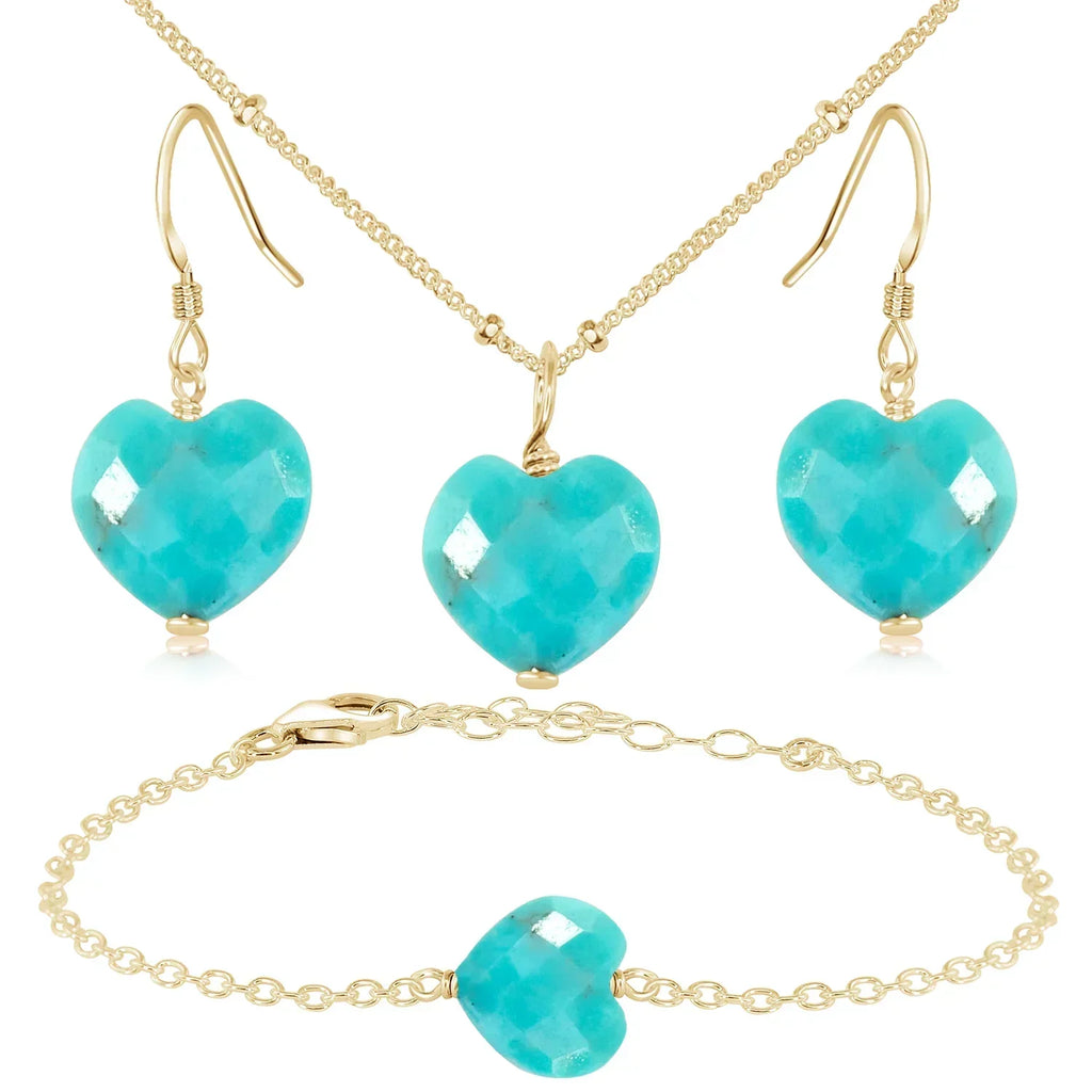 Turquoise Crystal Heart Jewellery Set - Turquoise Crystal Heart Jewellery Set - 14k Gold Fill / Satellite / Necklace & Earrings & Bracelet - Luna Tide Handmade Crystal Jewellery
