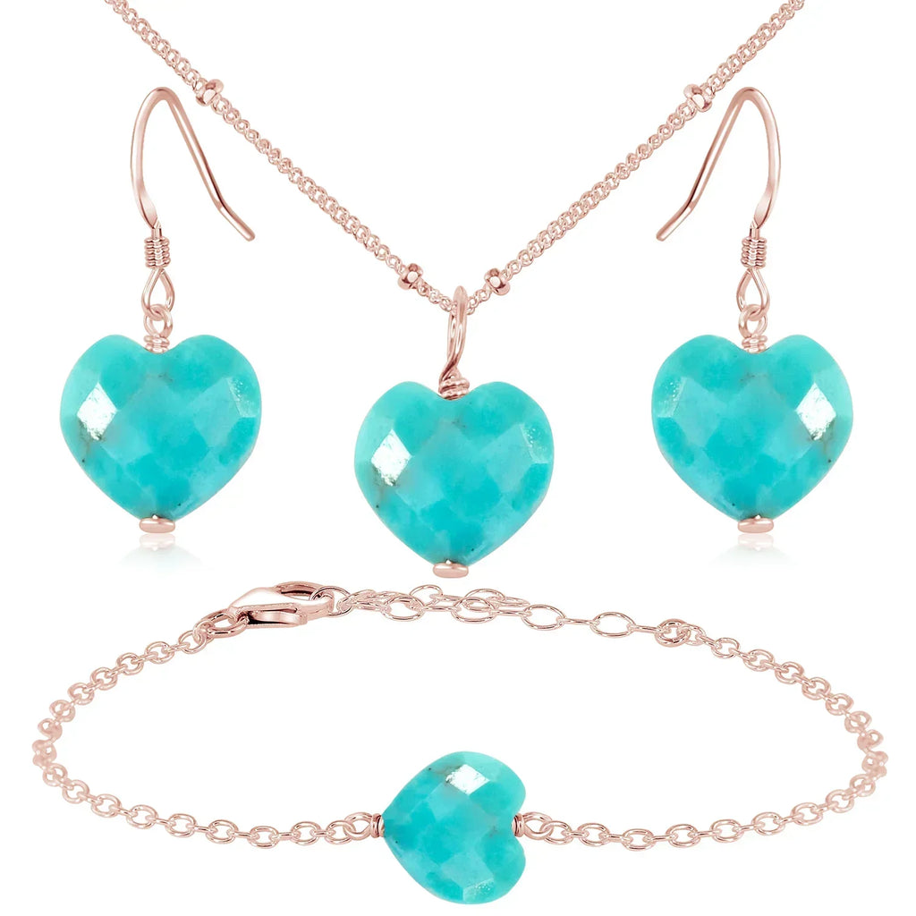 Turquoise Crystal Heart Jewellery Set - Turquoise Crystal Heart Jewellery Set - 14k Rose Gold Fill / Satellite / Necklace & Earrings & Bracelet - Luna Tide Handmade Crystal Jewellery