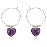 Amethyst Crystal Heart Dangle Hoop Earrings - Amethyst Crystal Heart Dangle Hoop Earrings - Sterling Silver - Luna Tide Handmade Crystal Jewellery