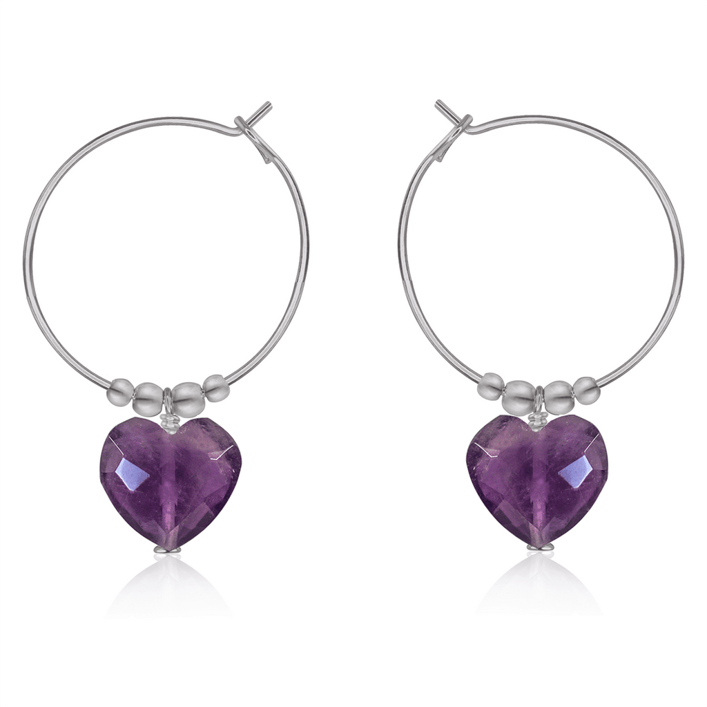 Amethyst Crystal Heart Dangle Hoop Earrings - Amethyst Crystal Heart Dangle Hoop Earrings - Stainless Steel - Luna Tide Handmade Crystal Jewellery