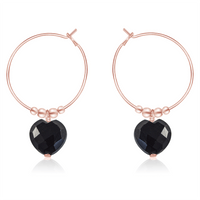 Black Onyx Crystal Heart Dangle Hoop Earrings - Black Onyx Crystal Heart Dangle Hoop Earrings - 14k Rose Gold Fill - Luna Tide Handmade Crystal Jewellery