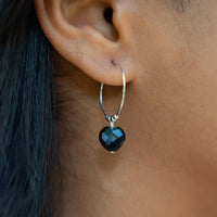 Black Onyx Crystal Heart Dangle Hoop Earrings - Black Onyx Crystal Heart Dangle Hoop Earrings - Sterling Silver - Luna Tide Handmade Crystal Jewellery