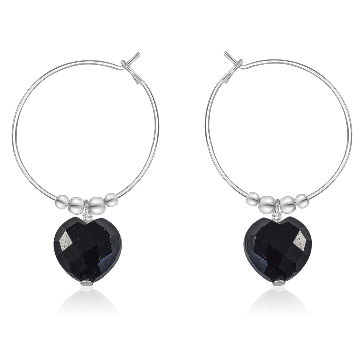 Black Onyx Crystal Heart Dangle Hoop Earrings - Black Onyx Crystal Heart Dangle Hoop Earrings - Sterling Silver - Luna Tide Handmade Crystal Jewellery
