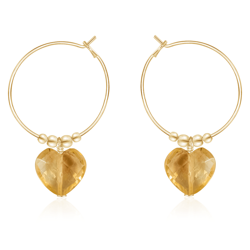 Citrine Crystal Heart Dangle Hoop Earrings - Citrine Crystal Heart Dangle Hoop Earrings - 14k Gold Fill - Luna Tide Handmade Crystal Jewellery