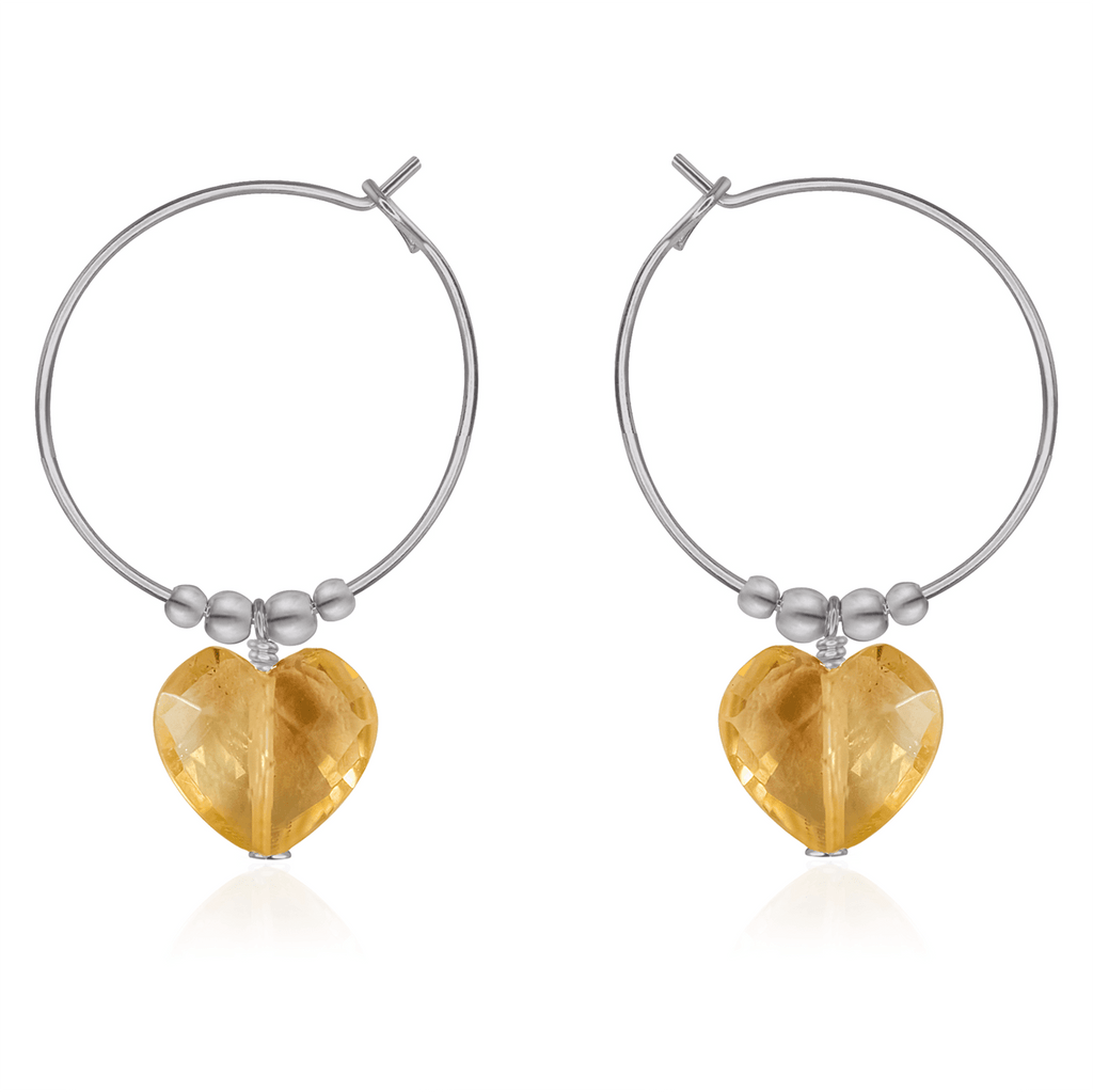 Citrine Crystal Heart Dangle Hoop Earrings - Citrine Crystal Heart Dangle Hoop Earrings - Stainless Steel - Luna Tide Handmade Crystal Jewellery