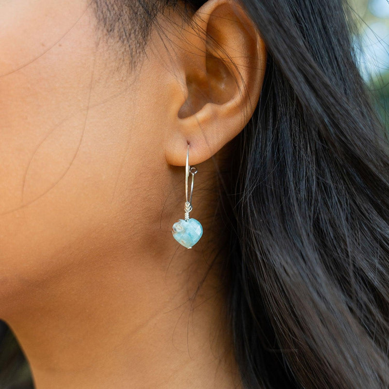 Larimar Crystal Heart Dangle Hoop Earrings - Larimar Crystal Heart Dangle Hoop Earrings - Sterling Silver - Luna Tide Handmade Crystal Jewellery