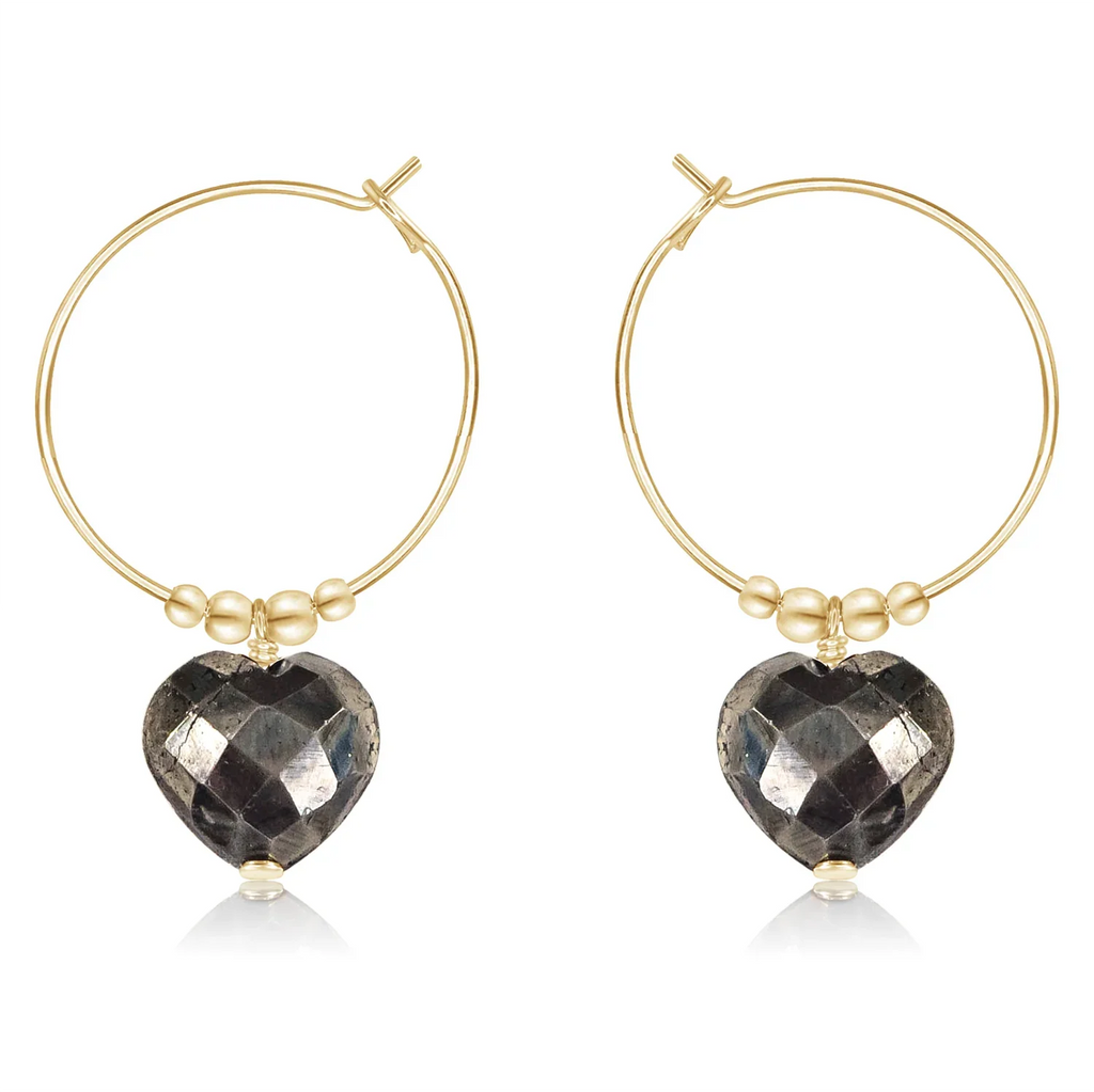 Pyrite Crystal Heart Dangle Hoop Earrings