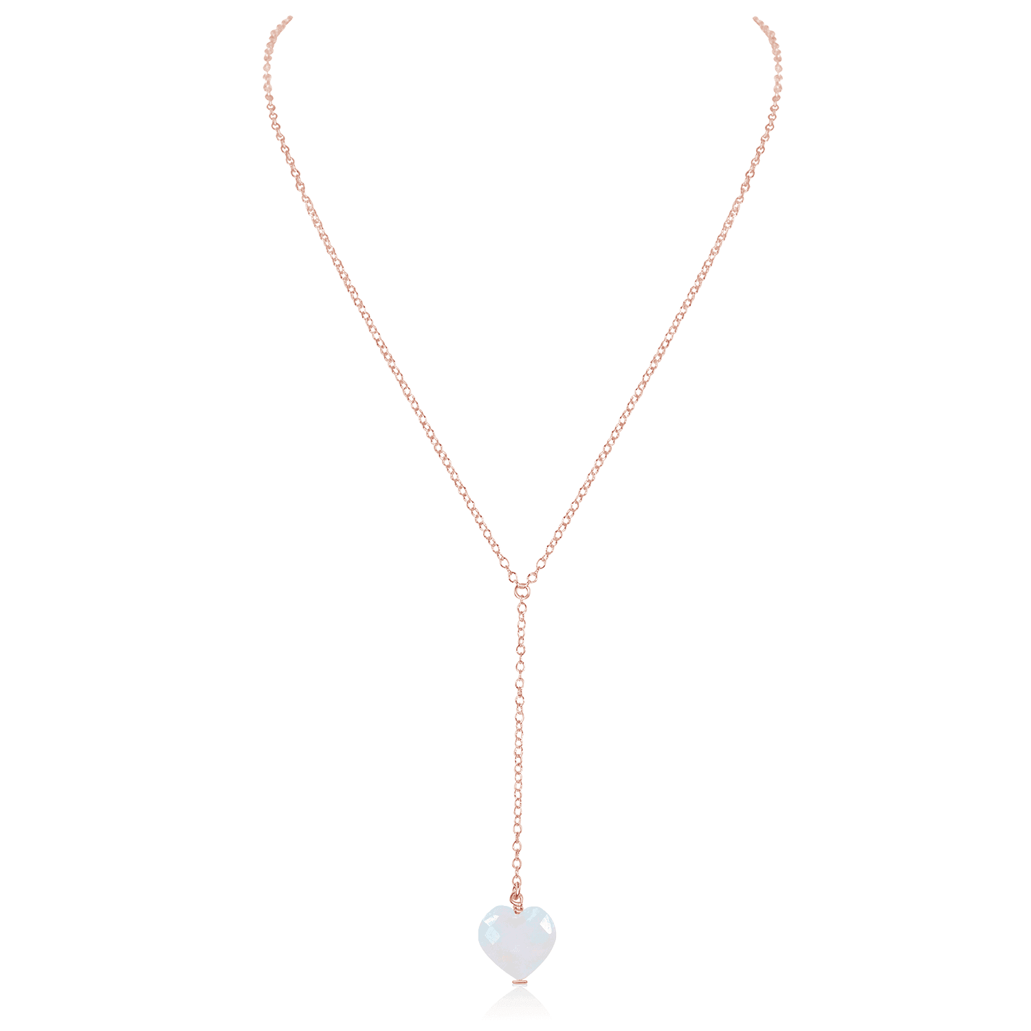 Rainbow Moonstone Crystal Heart Lariat Necklace - Rainbow Moonstone Crystal Heart Lariat Necklace - 14k Rose Gold Fill - Luna Tide Handmade Crystal Jewellery