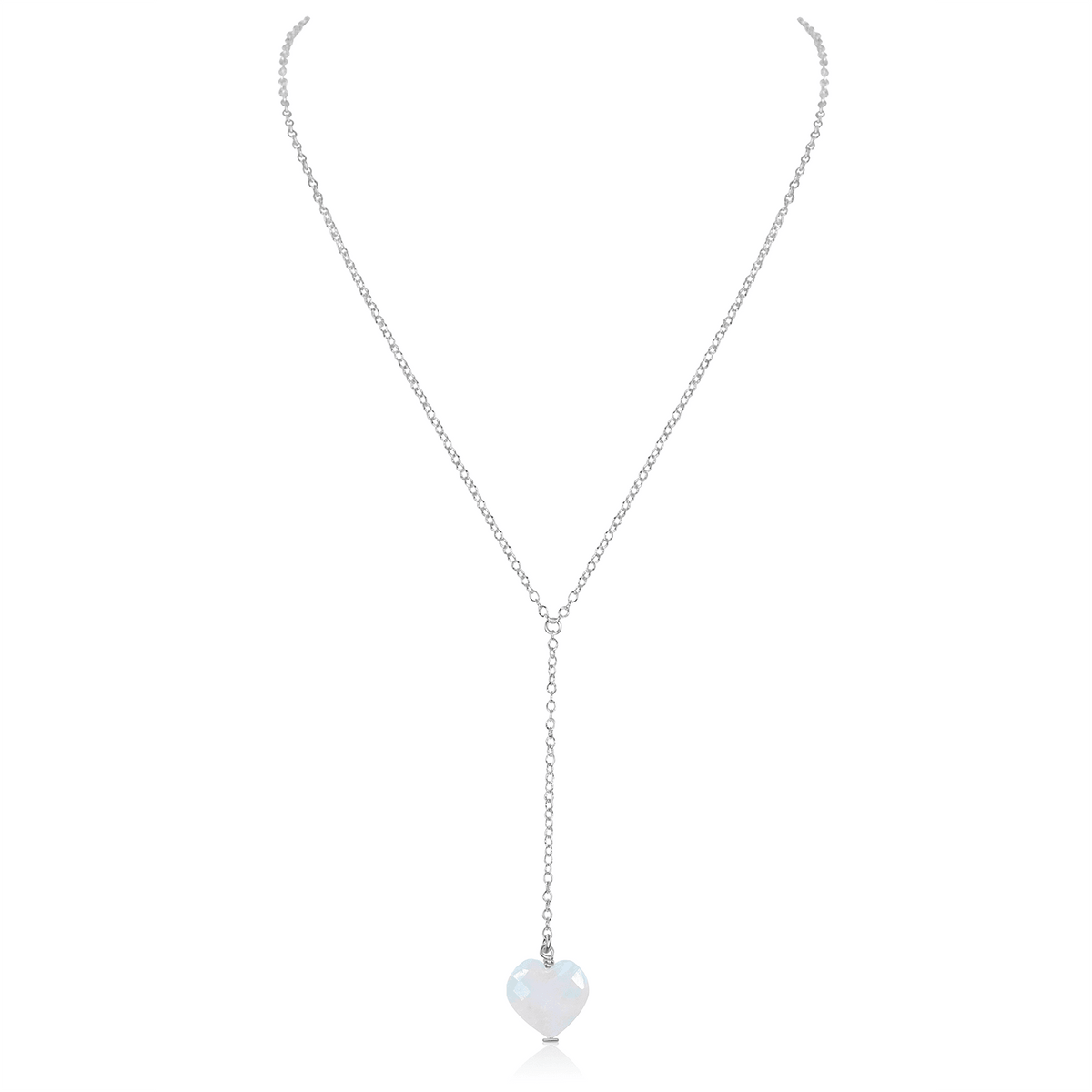 Rainbow Moonstone Crystal Heart Lariat Necklace - Rainbow Moonstone Crystal Heart Lariat Necklace - Sterling Silver - Luna Tide Handmade Crystal Jewellery